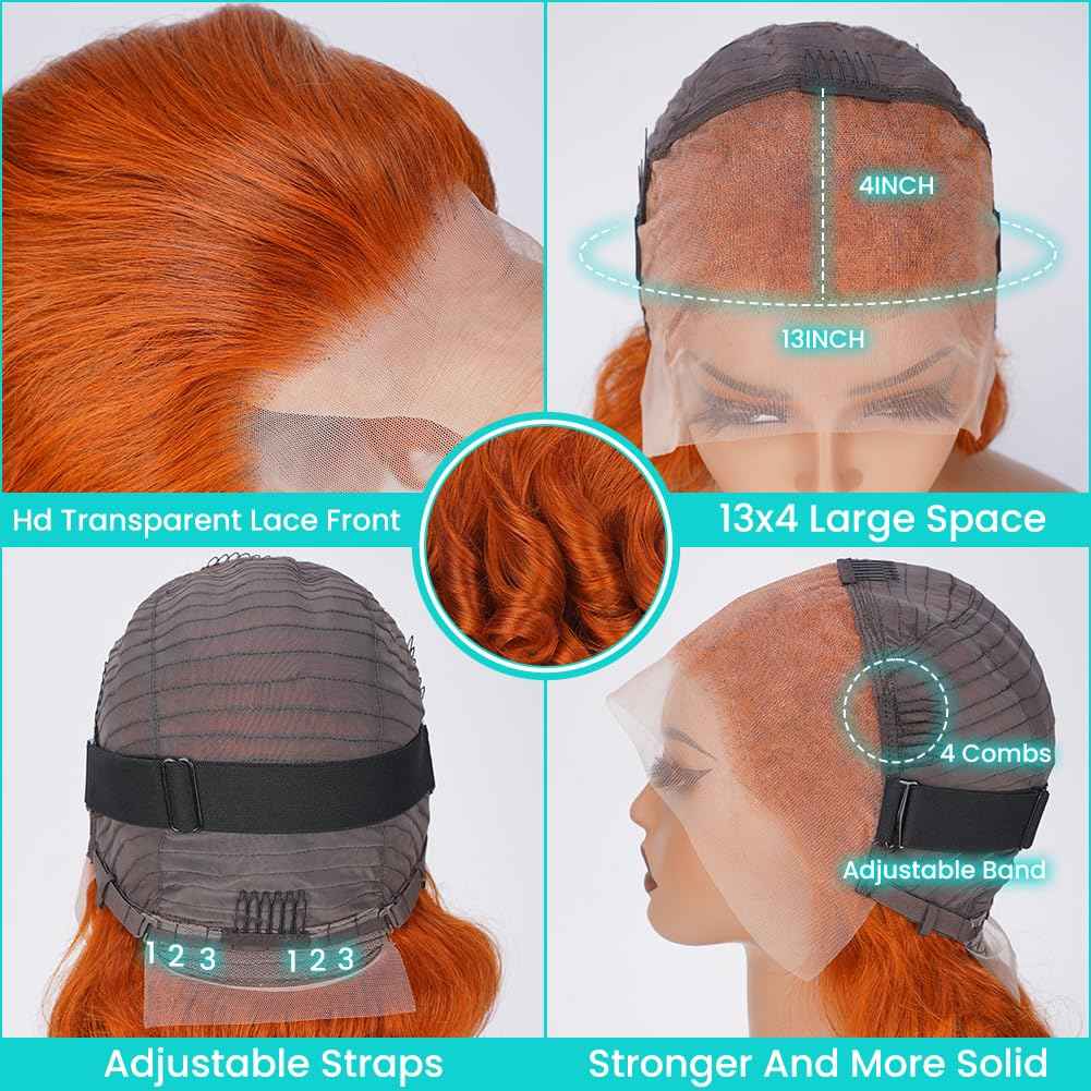 350 Ginger Orange Lace Front Wigs Human Hair Pre Plucked 13x4 Transparent HD Lace Frontal Wigs with Baby Hair Body Wave Bob Wig Human Lace Front Wigs for Black Women 180% Density 16 inch