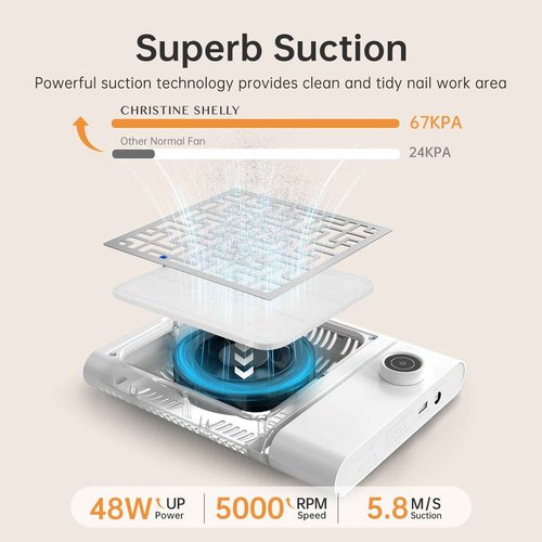CHRISTINE SHELLY Nail Dust Collector, Bling Diamond Cordless Rechargeable 5000RPM Vacuum Nail Tech Fan Extractor, 12000mAh Professional Nail Duster Suction, Low Noise, Salon&Home