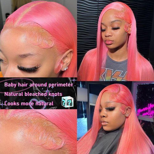 AHUFALU Pink Wear and Go Glueless Wig 13x4 HD Lace Pink Straight Glueless Wigs Human Hair Pre Plucked with baby hair Colored Closure Wigs for Women 150% Density 26Inch