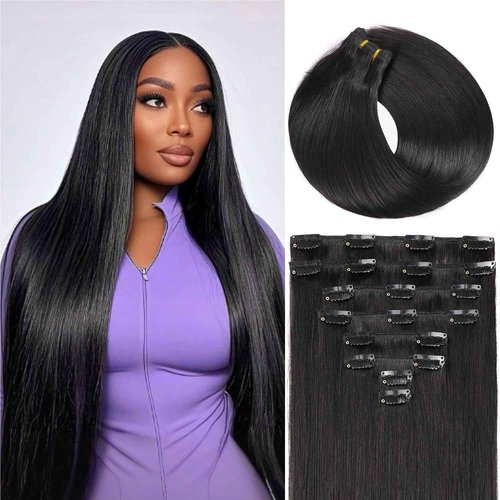 Nuzusa Clip in Hair Extensions Real Human Hair,100% Brazilian Remy Human Hair Extensions for Women,1B Natural Black 8pcs Per Set with Double Weft,26inch 130g,Straight
