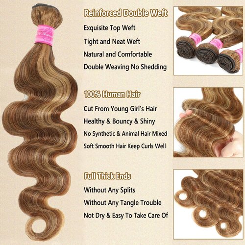 Seekomi Ombre Human Hair Bundles 14 16 18 Inch Highlight 4/27 Body Wave Bundles Human Hair 12A 100% Virgin Colored Brown and Blonde 3 Bundles Human Hair Double Weft Quick Weave for Women, 300g