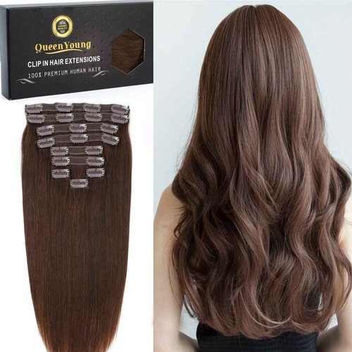 QueenYoung Clip in Hair Extensions Real Human Hair 9pcs 130g Dark Brown Hair Extensions Straight Natural Soft Human Hair Extensions Thick Remy Straight Clip in Hair Extensions 18inch Dark Brown