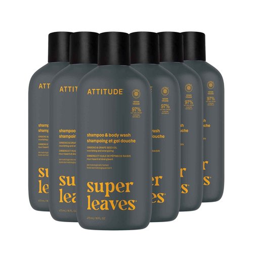 ATTITUDE 2in1 Shampoo and Body Wash, EWG Verified, Plant and Mineral-Based, Vegan Personal Care Products, Ginseng and Grapeseed Oil, 16 Fl Oz (Pack of 6)