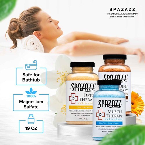 Spazazz Hot Tub Aromatherapy RX Muscle Detox Joint Bath Salt Crystals Bundle. Three Jars of 19oz Spazazz Hot Tub Crystals with Hot/Cold Towel and 5-Point Full Body Massager