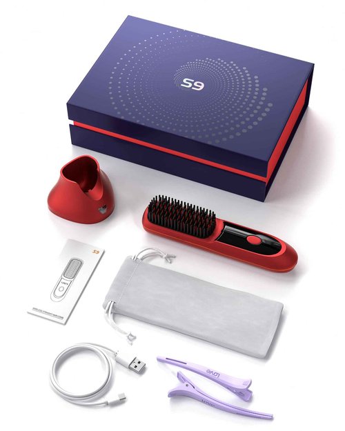 VELORlA Cordless Hair Straightener Brush with Charging Dock - LED Display,300M Negative lons & 3 Temps Fast Heating 320-392°F, Anti-Frizz Travel HaiStyler, Gift for Women (Garnet Red Pro+)