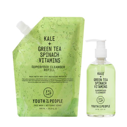 Youth To The People Superfood Cleanser Home Refill Bundle Set, Kale + Green Tea Face Cleanser (8oz) + (16oz Refill Pouch), Award-Winning Face Wash, Makeup Remover, All Skin Types