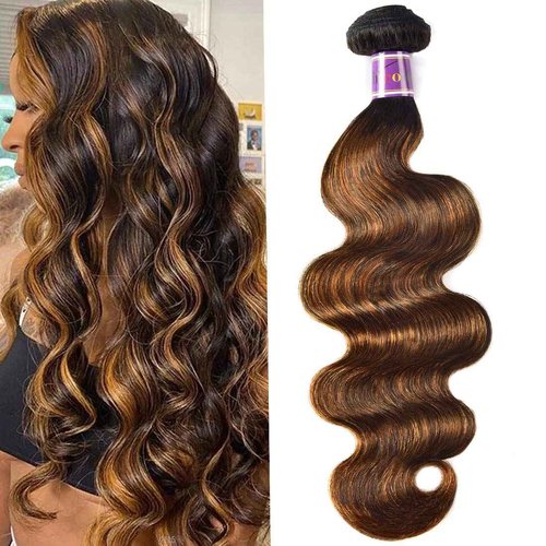 UNice Ombre Brown Highlight Body Wave Human Hair Weave 1 bundle 26 inch, Brazilian Remy Hair Dark Root Blonde Human Hair Weaves Extension Piano Color TFB30
