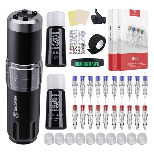 Dragonhawk Wireless Tattoo Gun Kit - Pro Rotary Tattoo Machine with 7 Strokes Length 20 Cartridges Needles Practice Skin Black Tattoo Inks for Beginners
