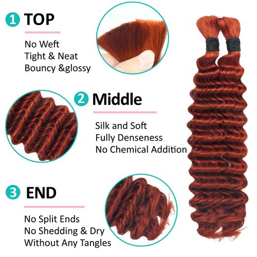Boho Hair for Braiding 26 Inch Ginger #350 Human Curly Hair for Knotless Braids 2 Bundles 100g Deep Wave Bulk (Ginger #350, 26 Inch)