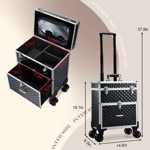 Adazzo Professional Rolling Makeup Case with Drawer for Makeup Artists Cosmetic Train Case Large Storage Case for Nail Technicians Cosmetology Case with Detachable Bag for Hairstylist Black