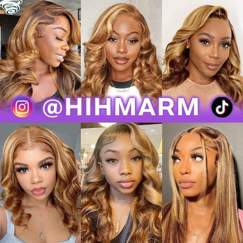 Hihmarm 16 Inch Highlight Bob Wig Human Hair 13x4 Body Wave HD Lace Front Wigs Human Hair Pre Plucked 180% Density Glueless Ombre Lace Front Wig Human Hair Bob Wigs for Black Women Natural Hairline