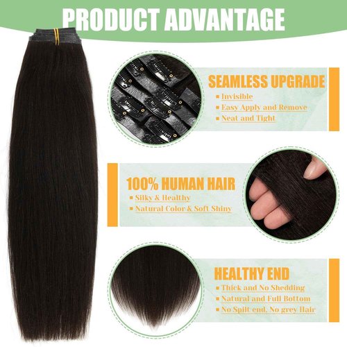 Loxxy Seamless Clip in Hair Extensions Human Hair Long Yaki Straight Clip ins Human Hair Skin Weft Ultra-Invisible Clip in Hair Extensions 20 Inch #1B 7Pieces