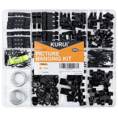 KURUI 303Pcs Picture Hangers for Wall Art Decor Tapestry, Picture Hanging Kit With Heavy Duty Wall Hooks, Sawtooth, Picture Wire, D Rings, Hardware Nails, Eye Hooks, Black Frame Hooks for Drywall Wood