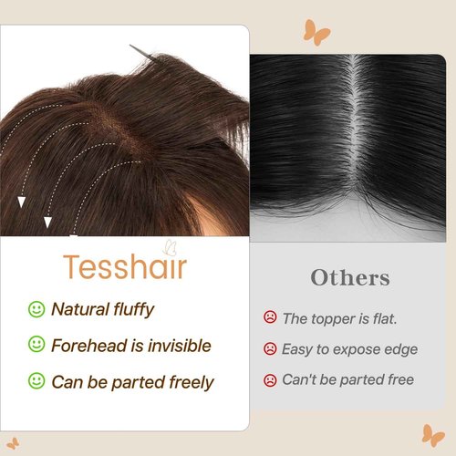 TESSHAIR Human Hair topper for Women, 3D Cover Clip in Bangs, Hair Toppers with Side Bangs,11 inch, #2 Dark Brown