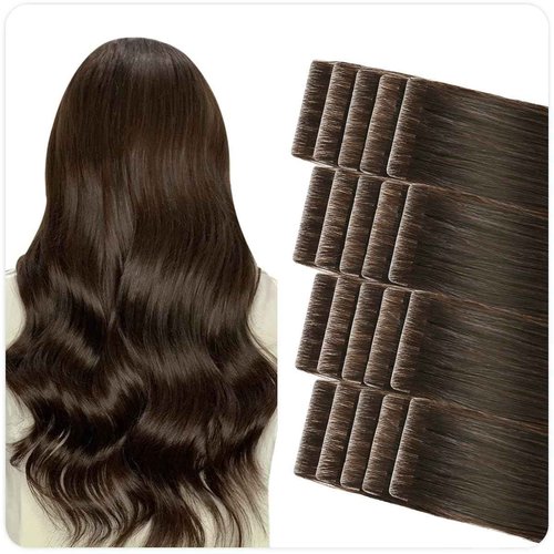 SUYYA Invisible Tape in Hair Extensions Human Hair Darkest Brown Seamless Injected Hand-Tied Pro Quality Virgin Human Hair 20PCS 50G/Pack Straight Tape Ins(18 inch #2 Darkest Brown)