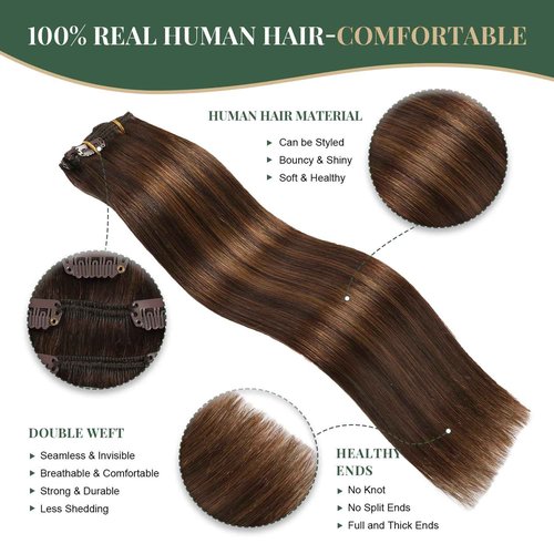 Clip In Hair Extensions Real Human Hair,Invisible Straight Seamless Hair Extensions Clip Ins For Women 16in 120g 7pcs Balayage Dark Brown Mixed Chestnut Brown