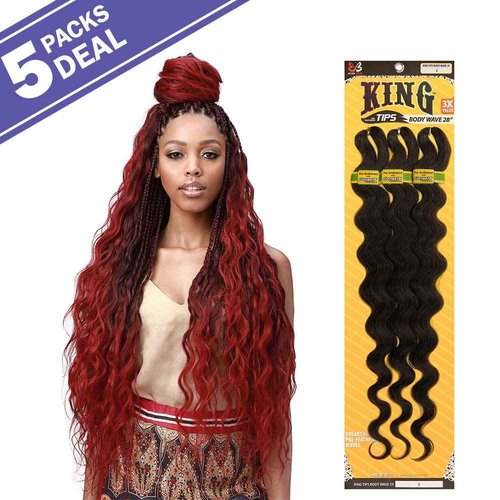 MULTI PACK DEALS! Bobbi Boss Synthetic Hair Braids Pre-Feathered 3X King Tips Body Wave 28" (5-PACK, T1B/27)