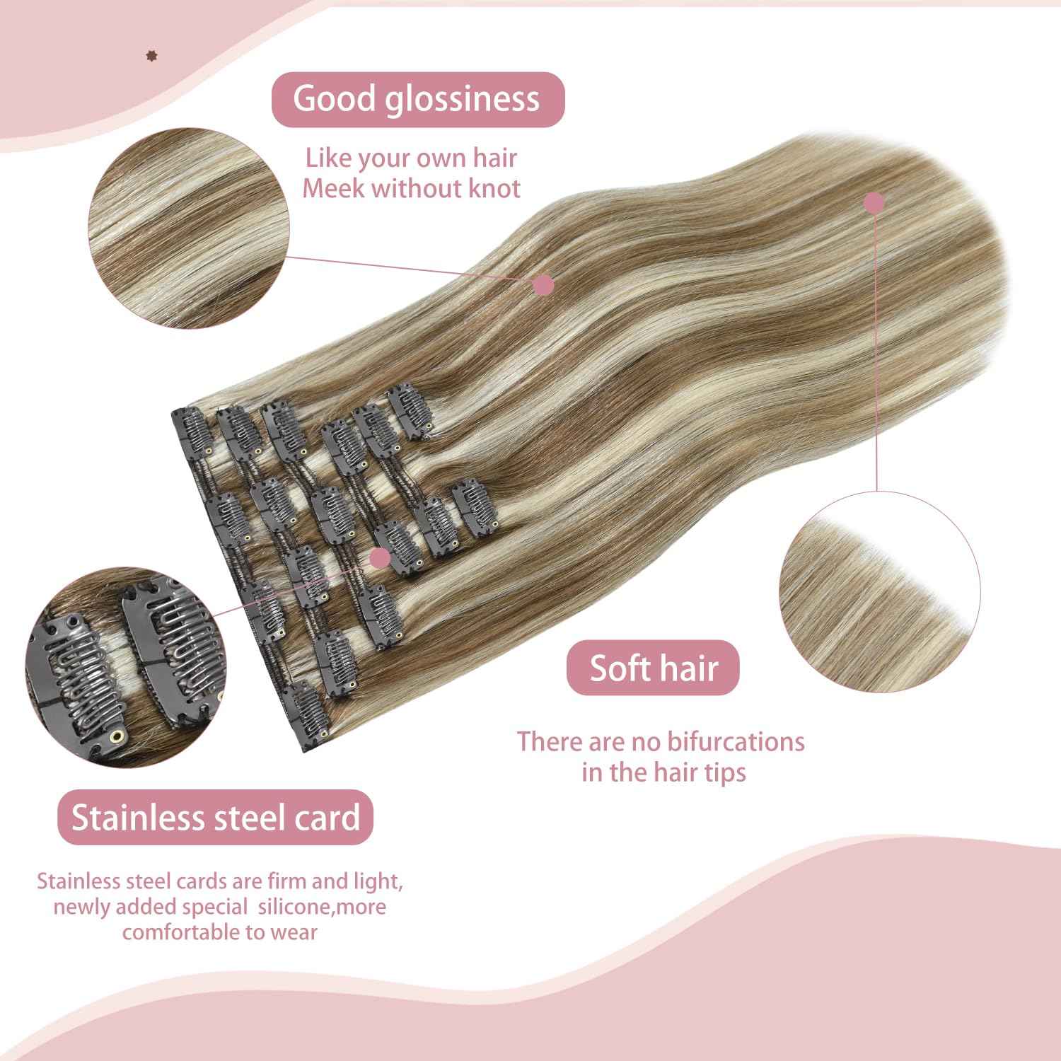 HUAYI Clip In Hair Extensions - Ash Blonde Mixed Platinum Blonde 120g 20 Inch, Real Human Hair Extensions for Women, Premium Quality Hair Extensions Real Human Hair for a Natural Look