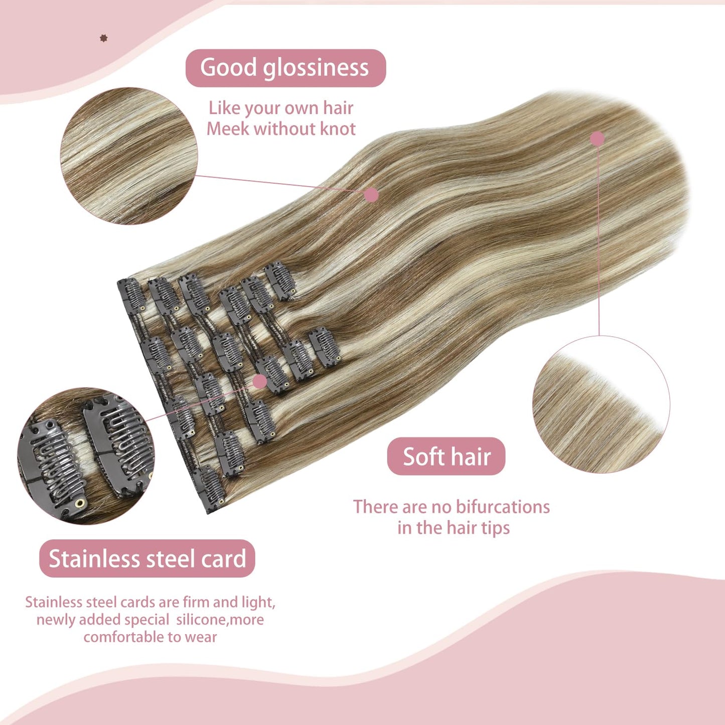 HUAYI Clip In Hair Extensions - Ash Blonde Mixed Platinum Blonde 120g 22 Inch, Real Human Hair Extensions for Women, Premium Quality Hair Extensions Real Human Hair for a Natural Look