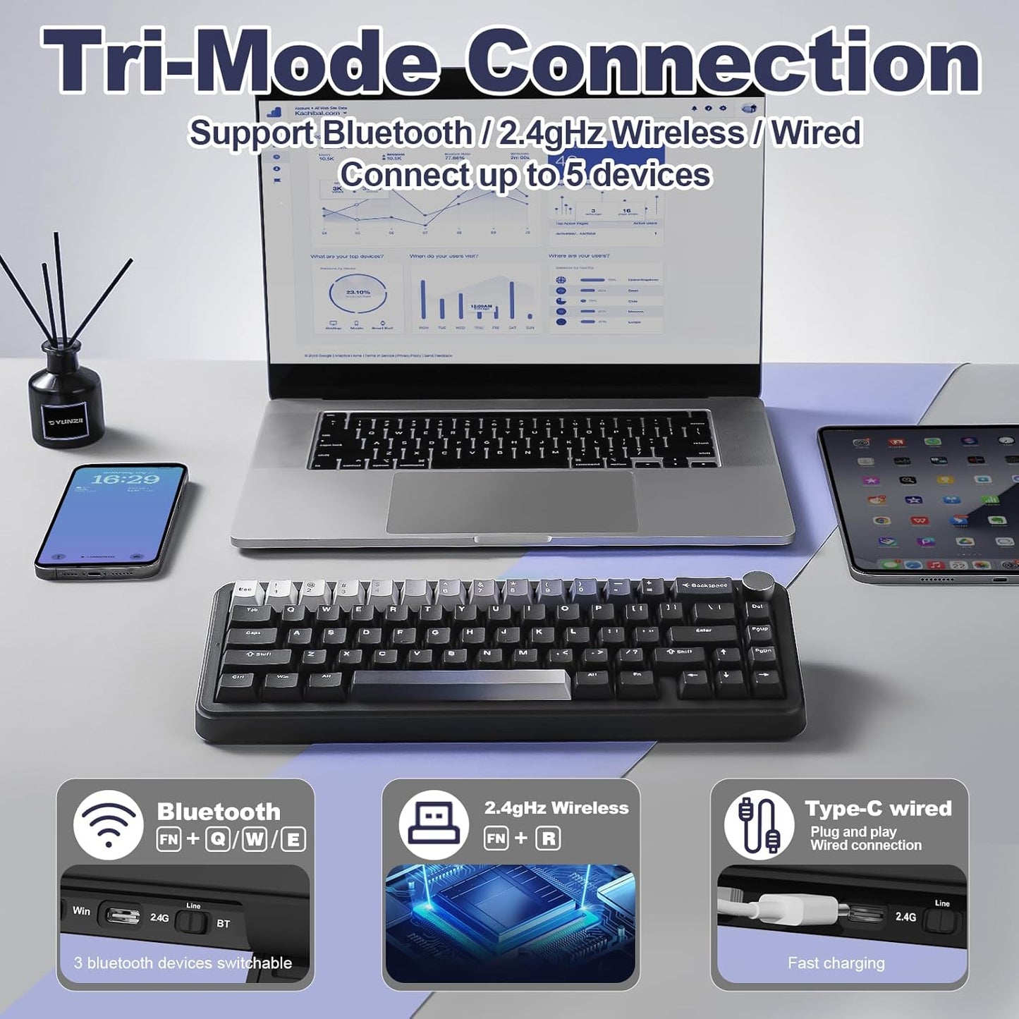 YUNZII B68 Wireless Mechanical Keyboard,Tri-Mode BT5.0/2.4GHz/USB-C,Cute PBT Keycaps,Hot Swappable Creamy Typing Gasket Mounted,RGB Backlit NKRO for Win/Mac (Black, Cocoa Cream V2 Switch)