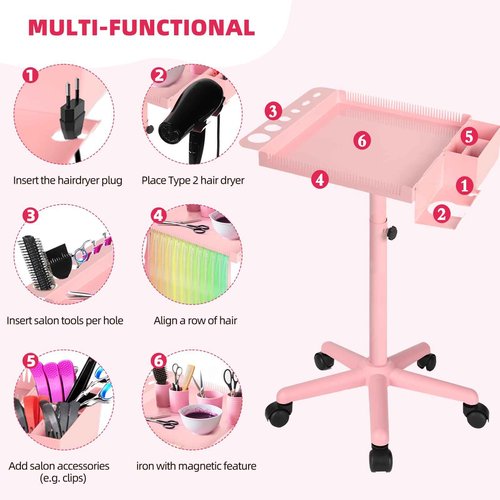 LKT COBTAC Extension Salon Tray Hair Extension Cart Tray Pink Multi-Function Extensions Rolling Tray with Blow Dryer Holder and Storage Platform