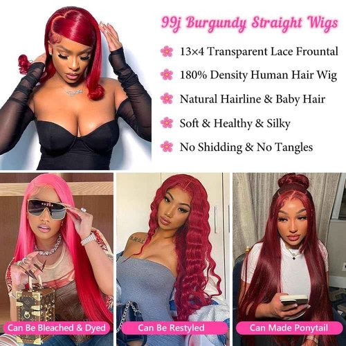 PiPiHA 99j Burgundy Lace Front Wigs Human Hair Straight Lace Front Wigs Human Hair Pre Plucked 13x4 HD Glueless Red Human Hair Wigs For Women 180% Density (22 Inch, 99j)