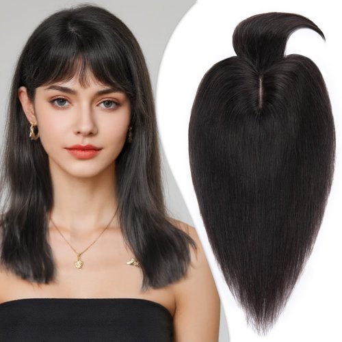 TESSHAIR Human Hair Toppers for Women, 150% Density Hair Topper with Bang, No Tangle & Smooth, Upgrade 7x13cm Silk Base, 12 Inch #1B Natural Black