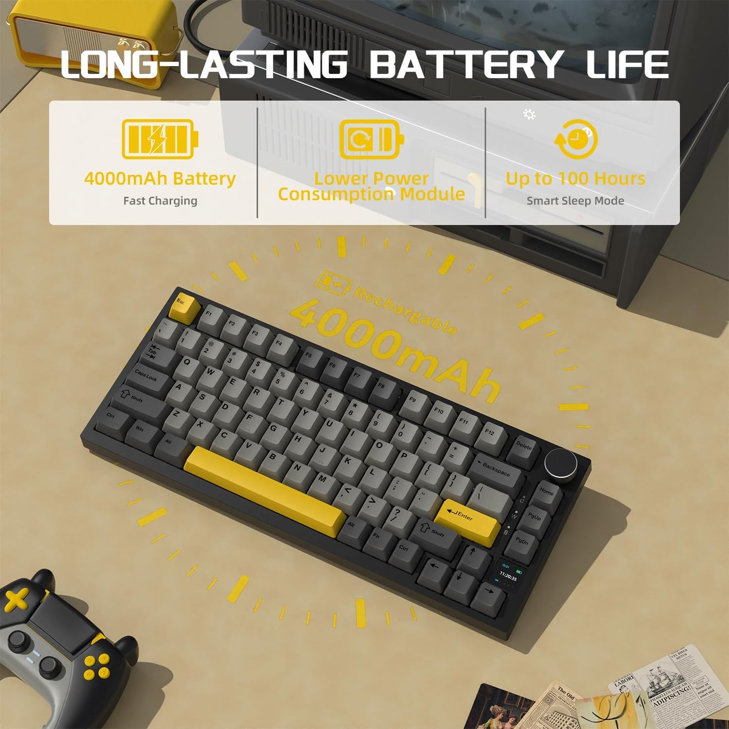 Attack Shark ajazz AK820 Mechanical Gaming Keyboard with Knob 75% Keyboard Hot Swappable Type-C Wired Gasket 5-Layer Noise Absorbing Foam White LED Backlit NKRO Linear Red Switch for PC/Win/Mac-Black