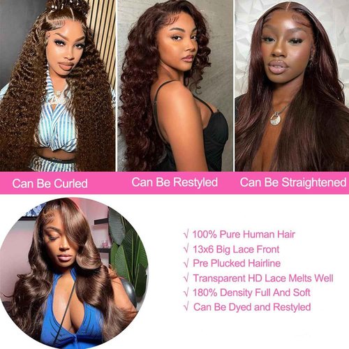 TESCOGOYS Body Wave Lace Front Wig 24 inch Brazilian Hair 13x6 Chocolate Brown Body Wave Wigs 100% Unprocessed Human Hair Body Wave Human Hair Wig with Baby Hair for Women