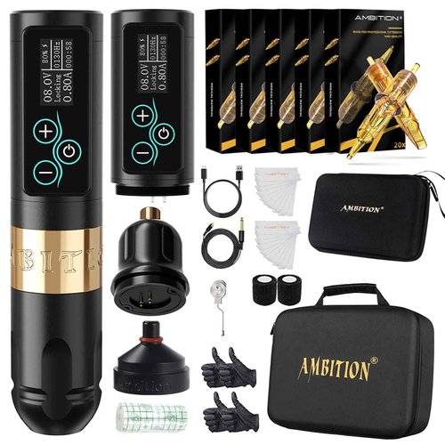 Ambition Rotary Tattoo Gun Kit, Vibe Wireless Tattoo Pen Machine Brushless Motor Dual 2400mAh Batteries with 100pcs Mixed Size Glory Tattoo Cartridge Needles for Pro Artists