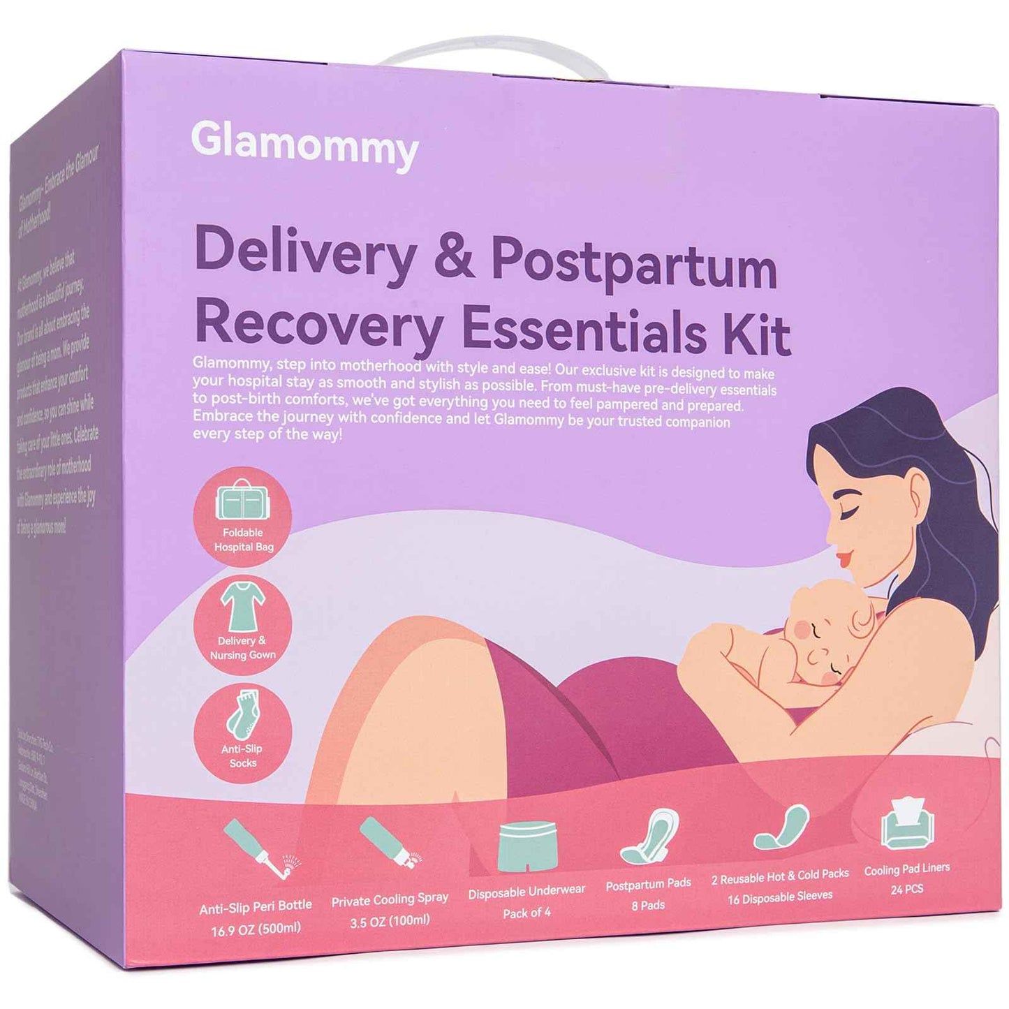 Glamommy Upgraded Postpartum Recovery Essentials Kit for Women, Nursing Gown, Luggage Bags, Socks, Peri Bottle, Cooling Spray, Disposable Underwear, Postpartum Pads, Hot&Cold Packs, Cooling Liners