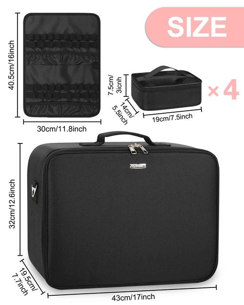 Relavel Extra Large Makeup Case Professional Cosmetic Storage Organizer Box Brush Holder with 4 Clear Set Bags & Lipstick Plate for Makeup Artists with Shoulder Strap & Adjustable Dividers