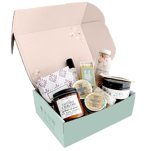 The Little Flower Soap Co - Spa Day gift Box Relaxation Kit - Handmade Candle Soap Salt Scrub and Lotion