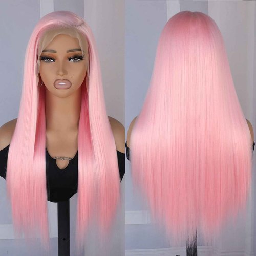TaBeWay 13x6 Pink Synthetic Lace Front Wigs Long Straight Hair Pastel Pink Lace Front Wigs for Fashion Women Heat Resistant Soft Hair Natural Hairline