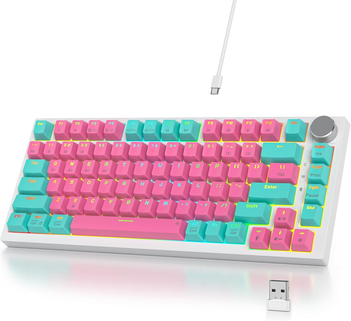 400PRO 75% Wireless Creamy Mechanical Keyboard Pink, Gasket Hot Swappable RGB Gaming Keyboard, Bluetooth/2.4GHz/USB-C Cute Keyboard with Pre-lubed Cream Grey Switches (82 Pink Cyan)