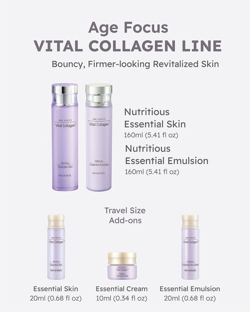 ISA KNOX AGE FOCUS VITAL COLLAGEN SKINCARE GIFT SET (370ml / 12.51 Fl Oz) - Korean Luxury Premium High-end Skin Toner, Emulsion Lotion, Cream by LG BEAUTY. Hydrolyzed Collagen,