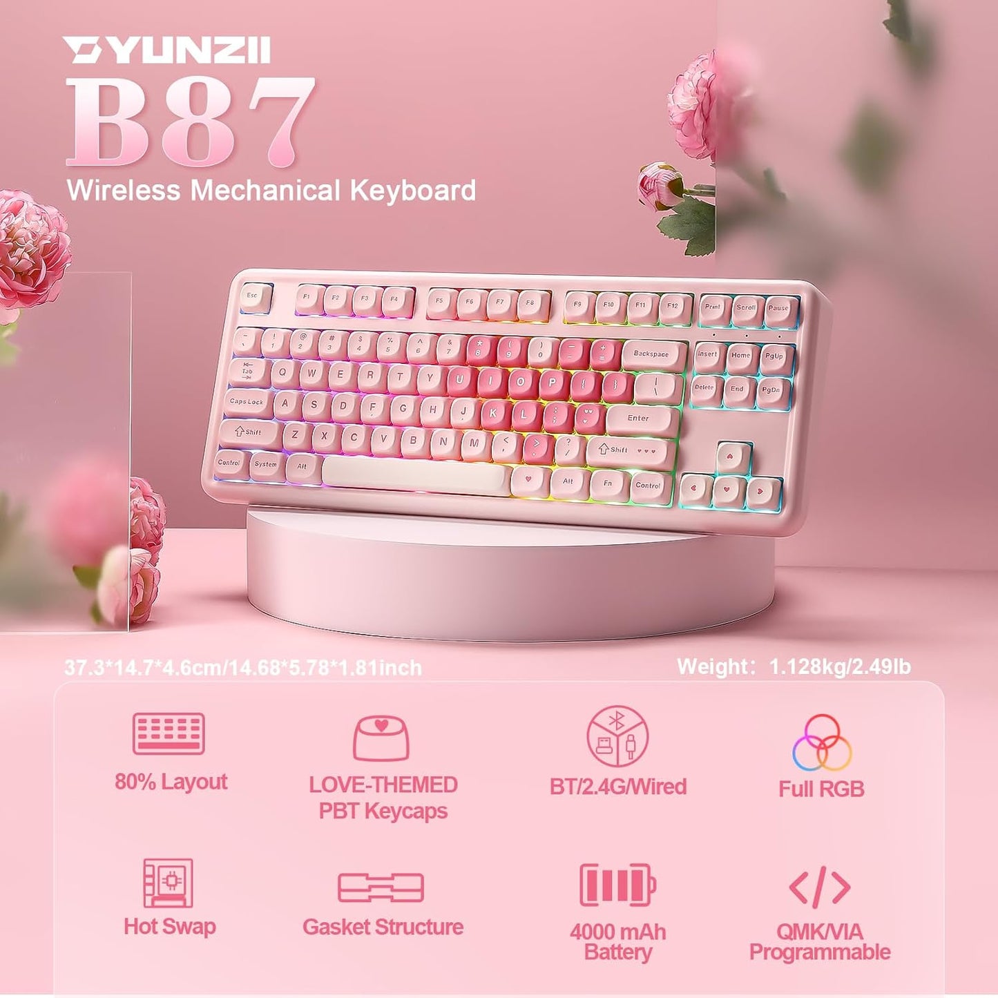 YUNZII B87 Wireless Mechanical Keyboard,QMK/VIA Programmable,TKL Layout 87 Keys,BT/2.4G/USB-C,Hot Swap Gasket Mount RGB Backlit Gaming with Wrist Rest for Win/Mac(Purple, Cocoa Cream V2)