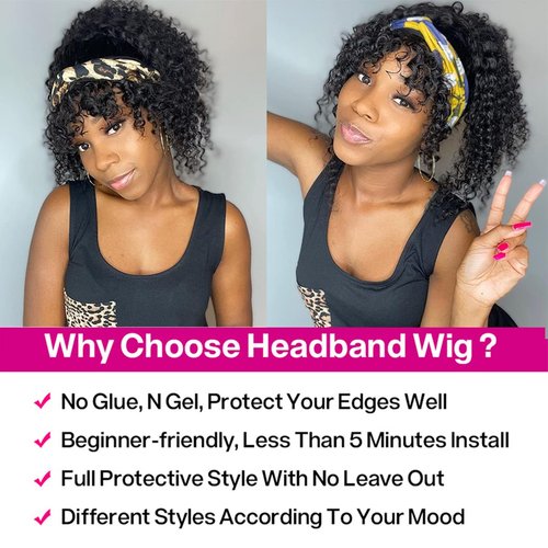 SUPERNOVA Headband Wig Human Hair Curly Headband Wigs For Women 180% Density Kinky Curly Headband Wig Human Hair Brazilian Glueless None Lace Front Wigs Hair（18inches）