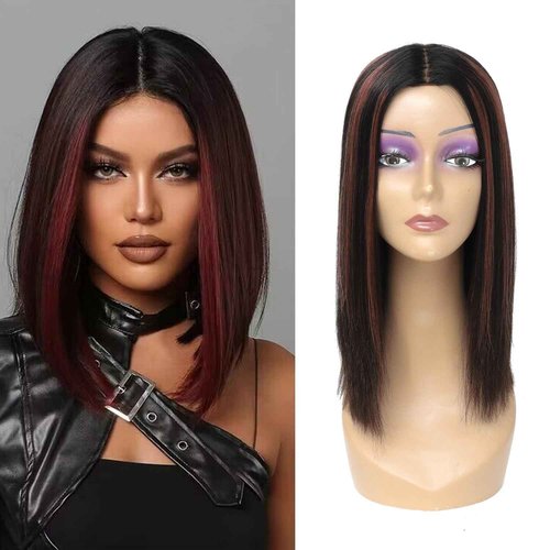 JIAJIA TERESA 12 Inch H1B/Copper Red Highlight Straight Human Hair Bob Wigs Glueless Minimalist 1.5 * 9 Realistic Look HD Lace Glueless Wigs Blunt Cut Short Black Bob Wigs
