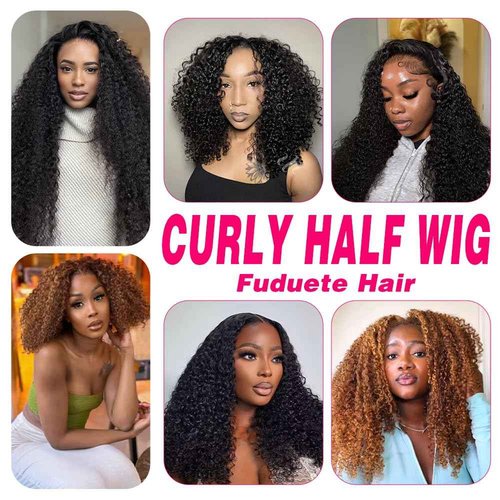 Fuduete 16 Inch Kinky Curly Half Wig Human Hair 200% Density Wear Go Glueless Wigs Human Hair Curly 3 In 1 Half Wigs for Women Drawstring Seamless Flip Headband Wig Beginner Friendly