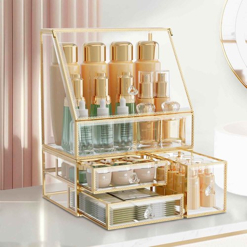 CoralHouse Makeup Organizer for Vanity, Clear Makeup Organizer with Drawer, Skincare Holder for Bathroom Countertop,Cosmetic Display Case for Dresser