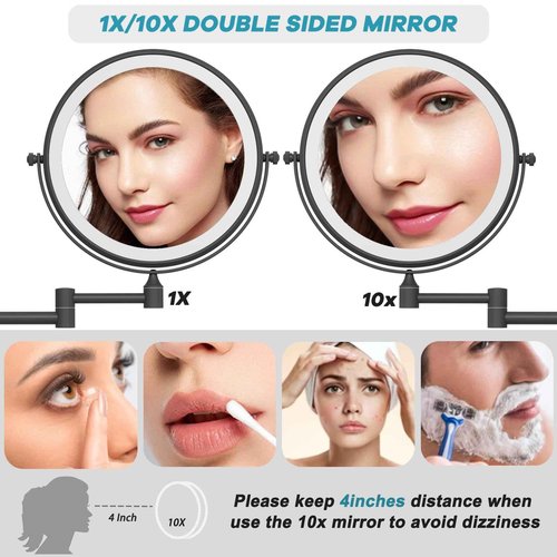 LEDOOLE Brass Wall Mounted Magnifying Mirror with Light 1X/10X, Rechargeable Arm Touch Dimmable 360 Rotation Foldable Bathroom Light up Wall Mirror Extendable, Matte Black