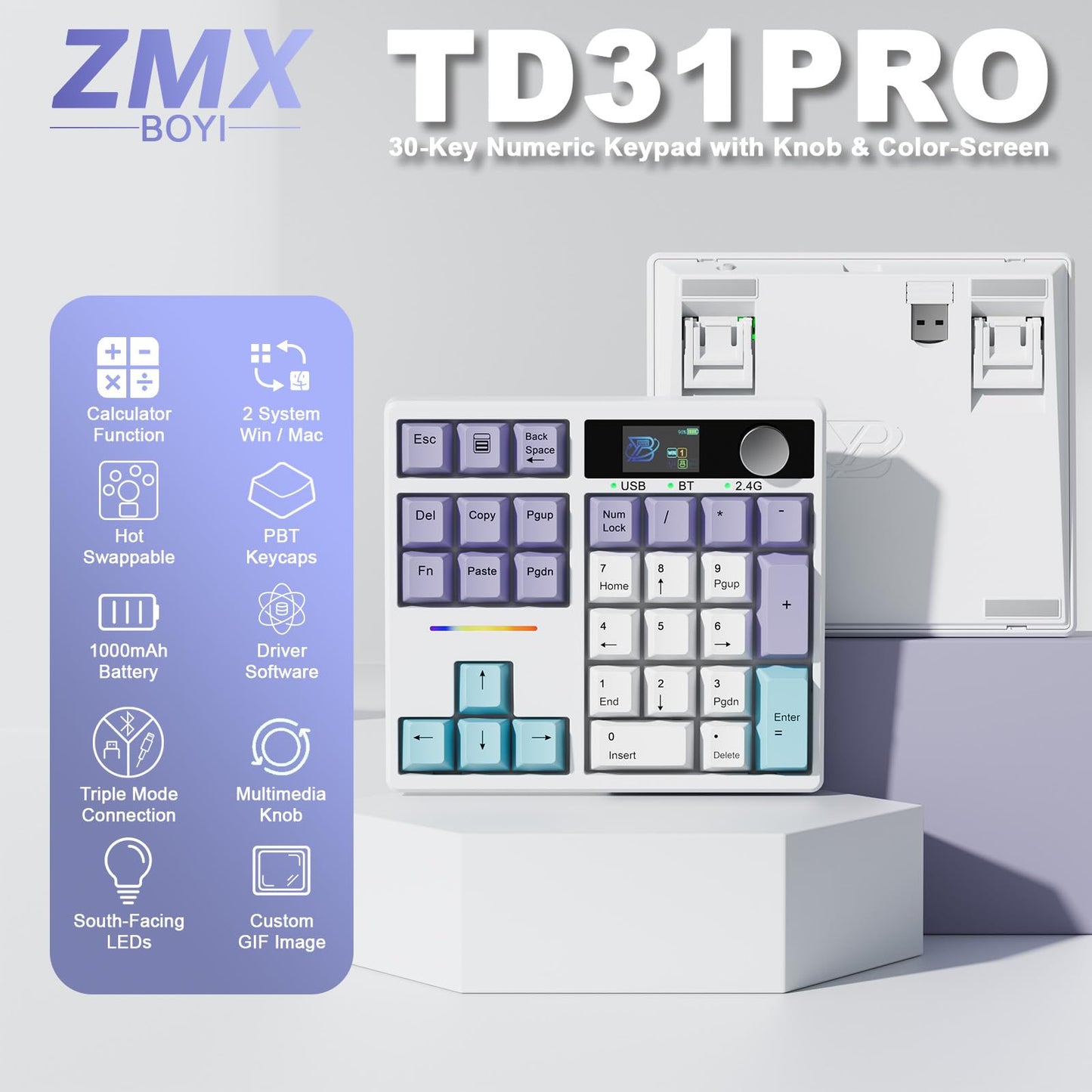 ZMX X BOYI TD31Pro Mechanical Number Pad,30 Keys Hot Swap Wireless BT5.0/2.4GHz/Type-C Wired Numeric Keypad Programmable RGB Gaming Numpad Keyboard with Knob Screen for Laptop/Mac (White-Purple)