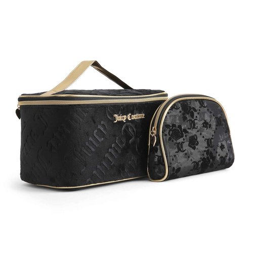 Juicy Couture Black Makeup Bag Cosmetics Organizer Travel Essentials Train Case Coin Purse Flocked Mesh Two Piece Set