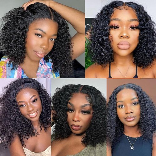 FCUFCU 16 Inch Deep Wave Bob Wig Human Hair 13x4 Frontal Lace Wig 200% Density Short Bob Wigs Human Hair for Black Women Glueless Curly Bob Wig With Baby Hair Natural Black