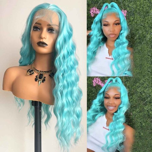 QMSSR Light Blue Lace Front Wigs Loose Curly Wave Hair Wig Pre Plucked Glueless Blue Wig Long Wavy Synthetic Lace Front Wigs For Women