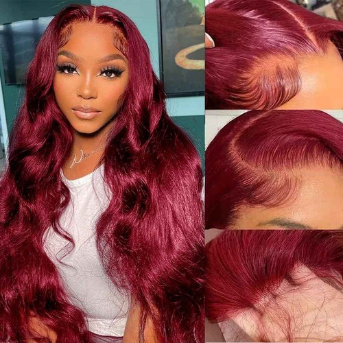 13X6 Burgundy Lace Front Wigs Human Hair 180% Density Body Wave Red Wig Human Hair Pre Plucked 12A Brazilian Virgin Hd Lace Frontal 99J Human Hair Wig Natural Hairline With Baby Hair(Burgundy, 24inch)