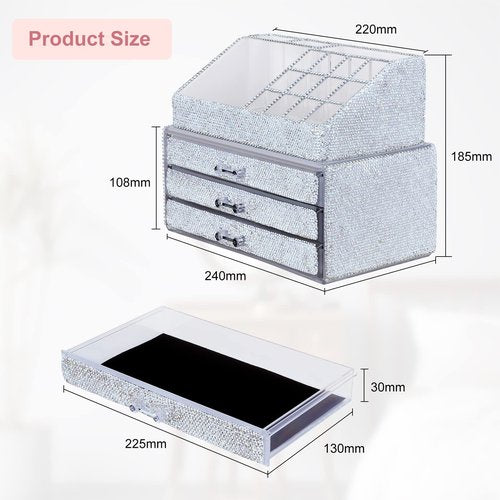 KEYPOWER Makeup Organizers Drawer Bling Diamond,Fashion Countertop Jewelry Cosmetic Storage Display Boxes,Makeup Brush Holder, Cosmetic Holder,2 Pieces Set(Purely Handmade)(White)