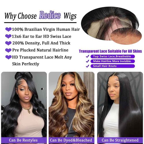 Redice Human Hair Wigs for Women - HD Transparent Lace Front Wigs, 200% Density, Glueless, Body Wave, Pre Plucked with Baby Hair, 26 Inch