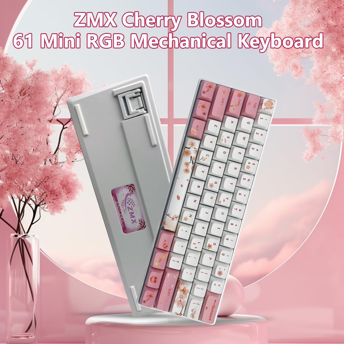 ZMX Cherry Blossom Pink and White Keyboard,60% Wired Hot Swappable RGB Backlit Mechanical Gaming Keyboard Mini 61 Keys XDA Profile Cute PBT Keycaps for Office PC/Mac Gamer (OUTEMU-Blue Switch)